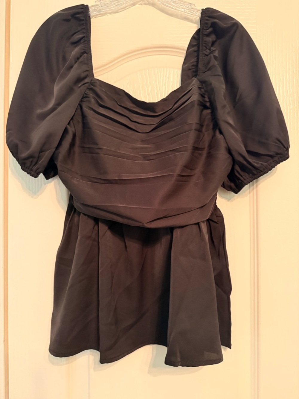 Black Puff-Sleeve Peplum Blouse with Pleated Bodice